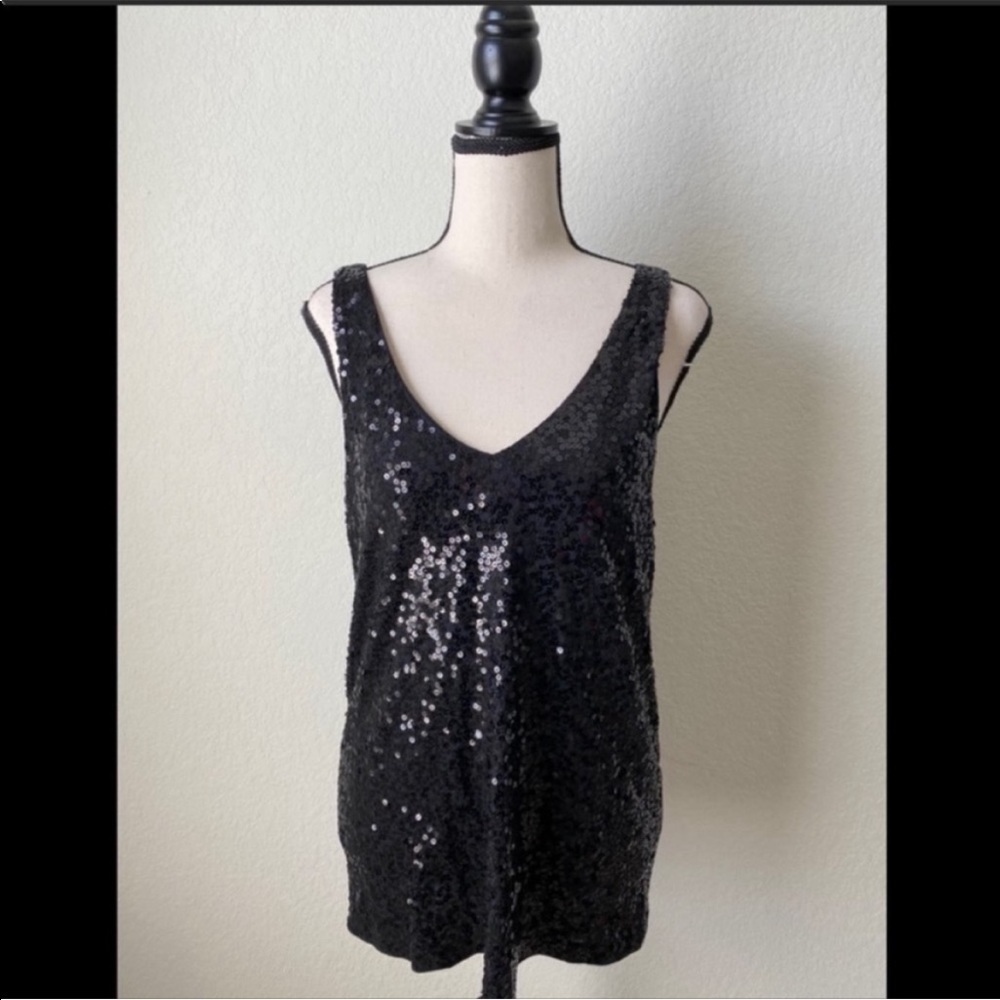 J. Crew Factory Sequined V-Neck Tank in Black Size Medium